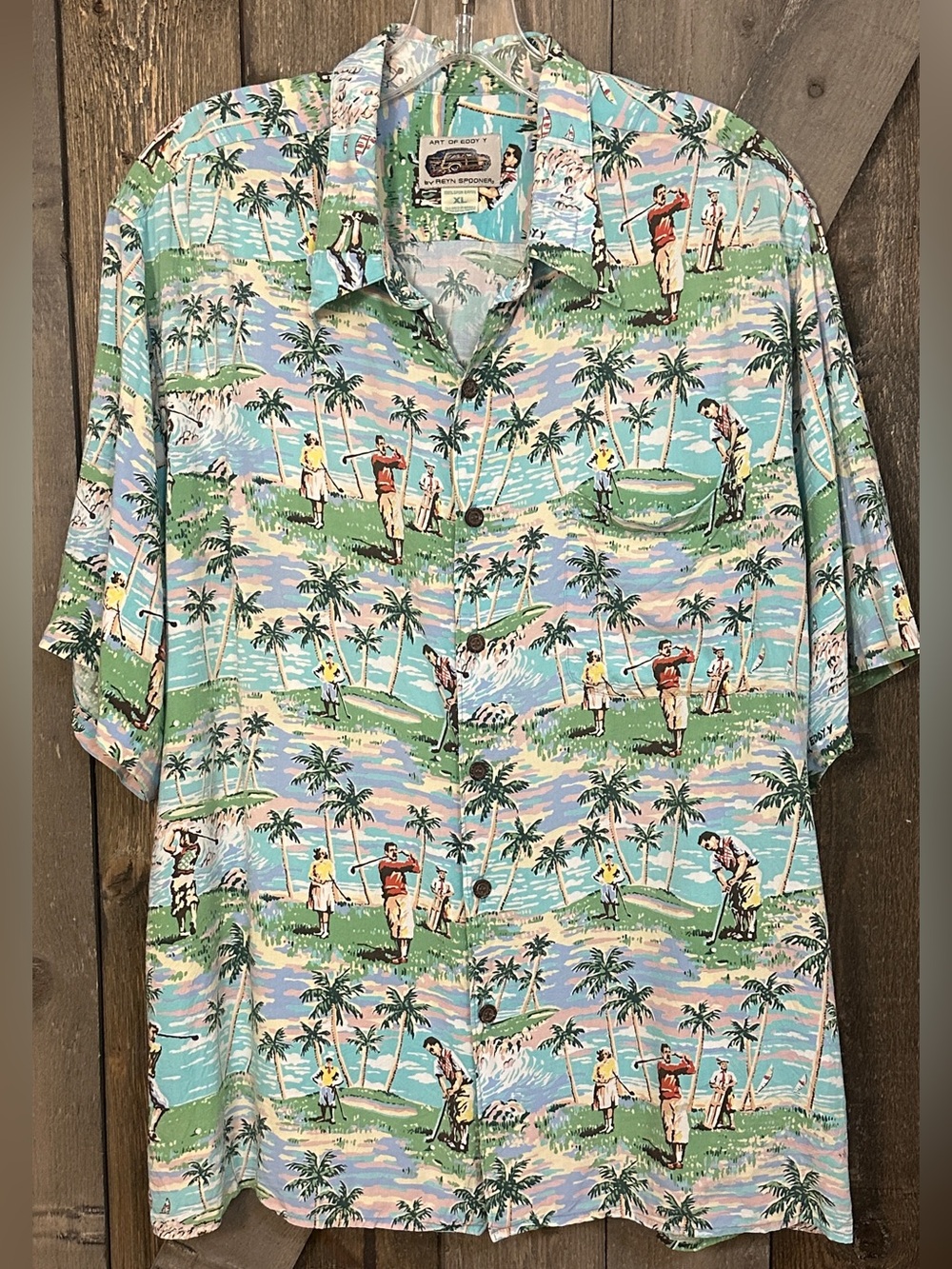 Reyn Spooner Art of Eddy Y Hawaiian Golf Print 
novelty Camp Shirt XL Aloha